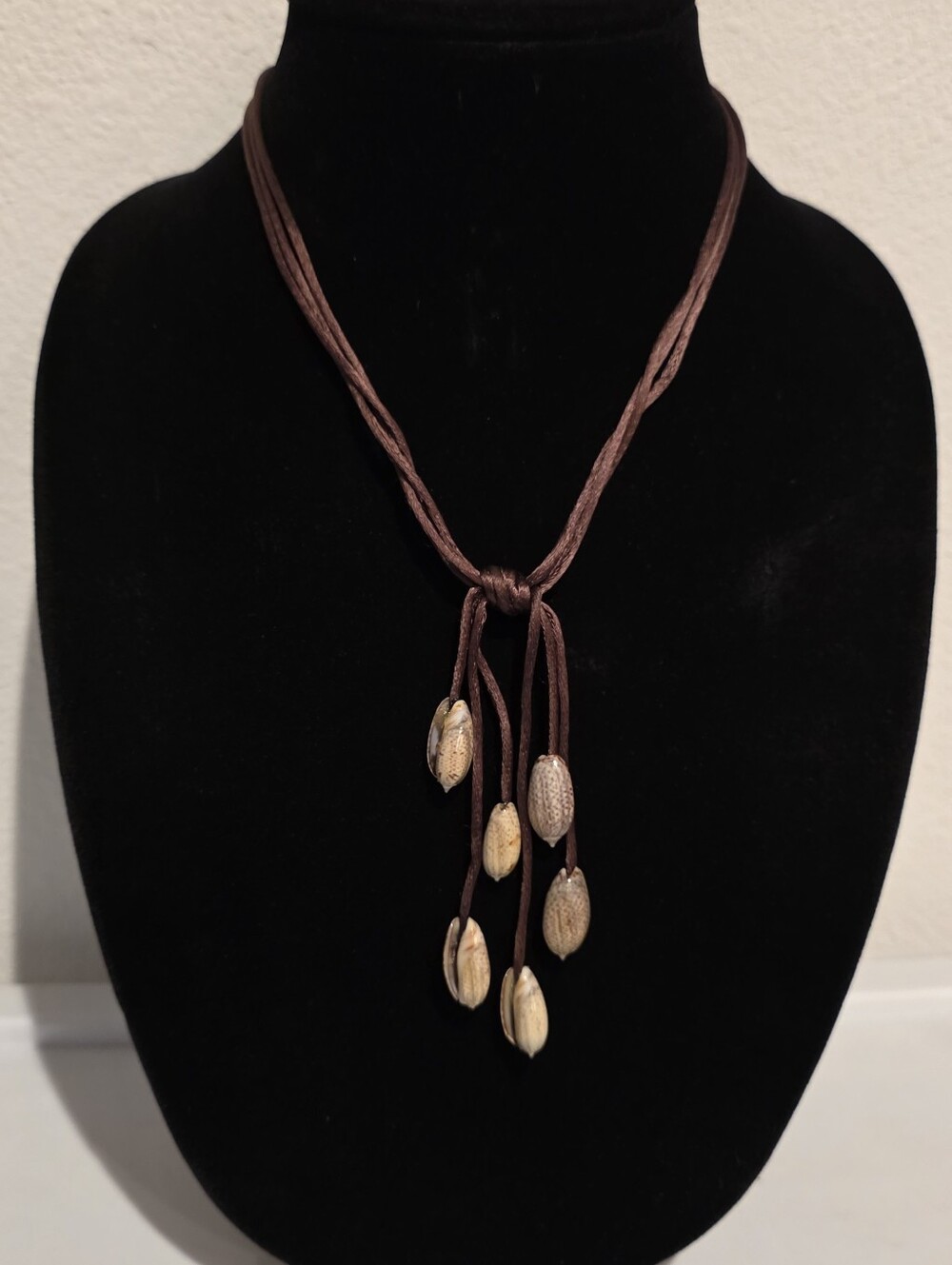 3 Chocolate Color Silk Ropes Necklace With Shells L: 18" Drop 4" Goldtone New